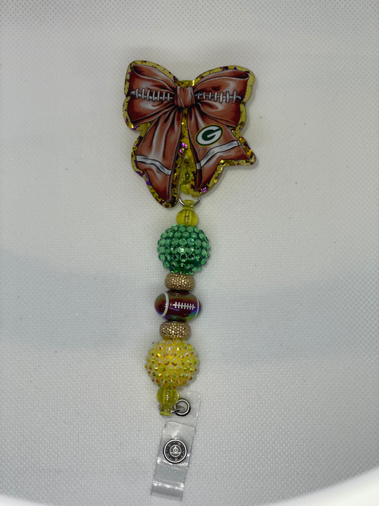 GB Packers football bow badge reel