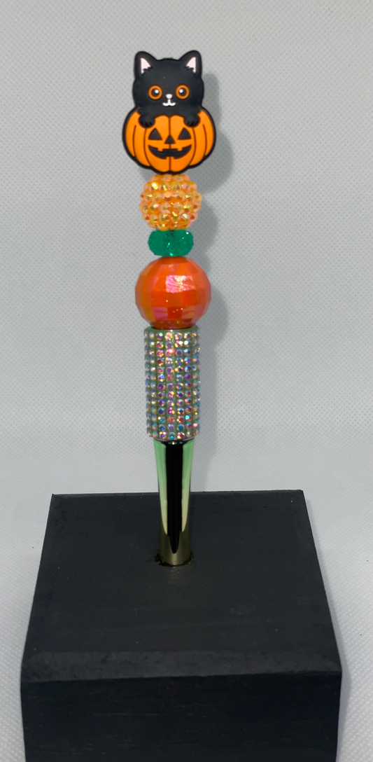 Black Cat pumpkin green rhinestone pen