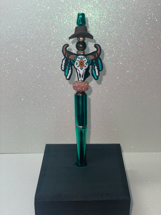 Western cattle skull teal pen